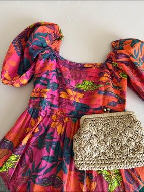 Vibrant Orange Floral Maxi Dress with Puff Sleeves